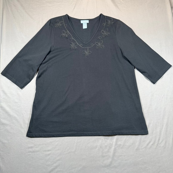 Liz & Me Tops - Liz & Me Women 0X 14/16W Black Soutache Embroidered V-Neck 3/4 Sleeve Top Casual